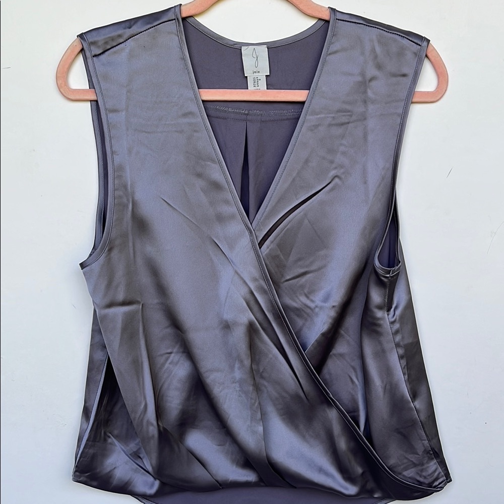 Joie Satin Blouse Silver Grey Sz M Wrap Sleeveless V Neck Shell